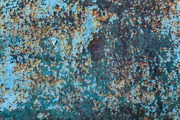 Old metal blue, green and white painted background with streaks of rust.