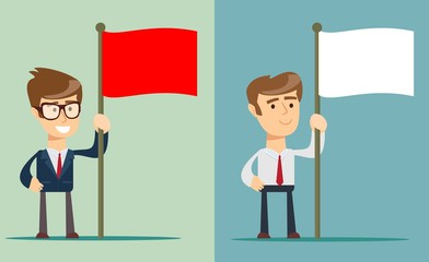 A portrait of a young man holding a red flag isolated on background . Stock flat vector illustration.