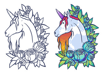 Magical cute unicorn illustration, cartoon fantasy animal. Contour for coloring card and shirt art for girl isolated on white. Dream symbol. Design for children © Janna Mudrak