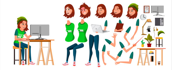 Young Business Woman Character Vector. Working Teen Female Girl. Clerk Working At Office Desk. Animation Set. Attractive Lady. Emotions. Cartoon Illustration