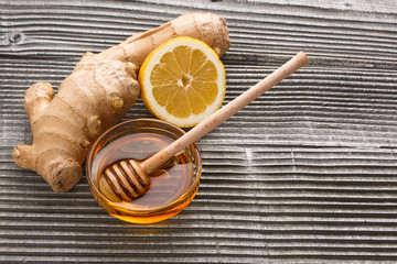 Ginger root on a gray wooden background