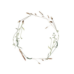 Watercolor wreath of meadow plants isolated on white.