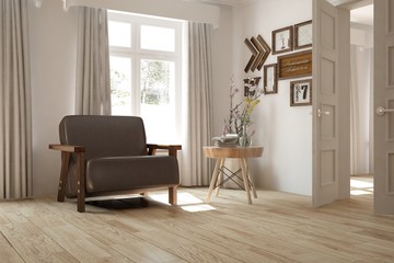 White modern room with armchair. Scandinavian interior design. 3D illustration