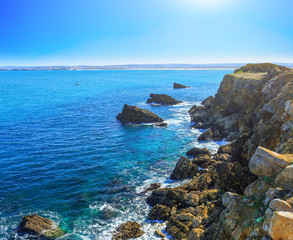 Fototapeta na wymiar Wonderful romantic afternoon panoramic seascape. Coastline cliffs of the Atlantic ocean in Peniche. West coast of Portugal at sunny weather.