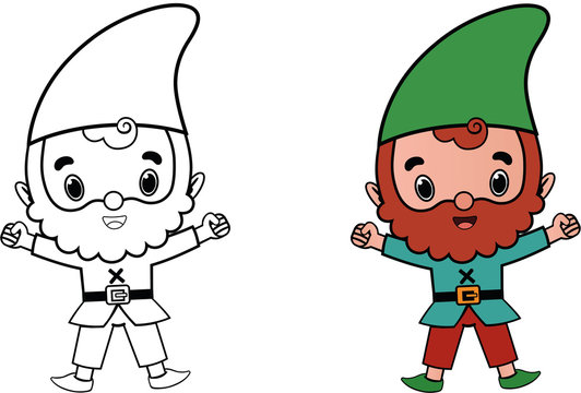 Cartoon Gnome Character For Coloring Page Activity. (Vector illustration)
