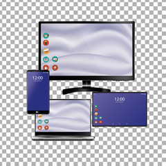 Set of realistic laptop, tablet and mobile phone with empty screen. Isolated on transparent background