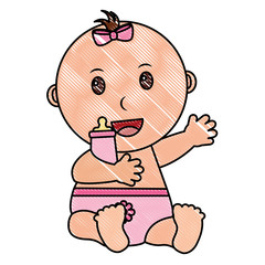 baby girl with diaper and bottle milk in hand vector illustration design
