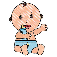 baby boy with diaper and bottle milk in hand vector illustration design