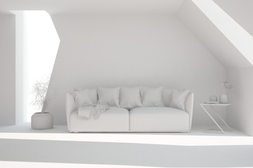 White room with sofa with grey sofa. Scandinavian interior design. 3D illustration
