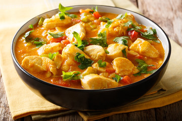 Bobo chicken stew with yuca, onion and pepper in coconut milk close-up in a bowl. horizontal