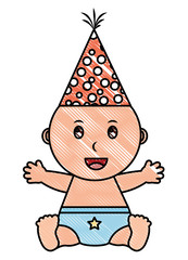 baby boy with diaper and party hat vector illustration design