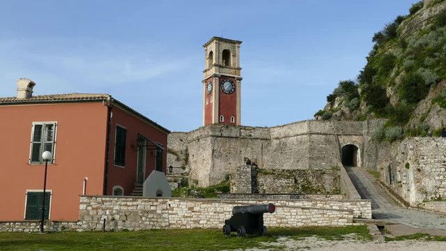 The Old Venetian Fortress in Kerkyra city, Corfu island, Greece. Clock tower.