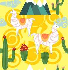 Vector Illustration of seamless pattern with cute cartoon llama alpaca with cactus and design elements on pink background in flat cartoon style.