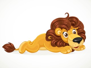 Cute soft toy lion with a lush mane lies on a white background