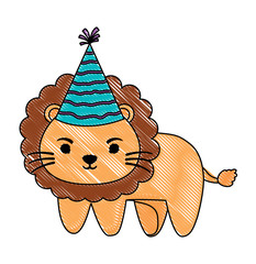 cute lion with party hat over white background, colorful design. vector illustration