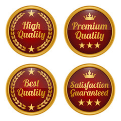 Collection of golden and red badges.