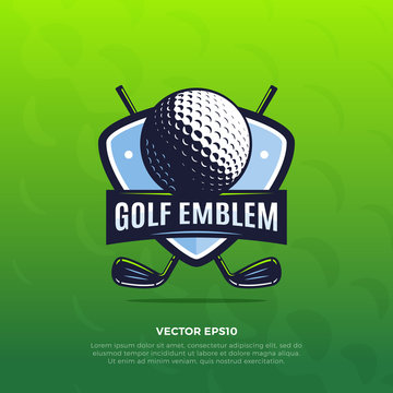 Golf shield sport emblem with golf ball and clubs vector illustration