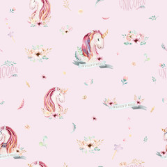 Naklejka premium Cute watercolor unicorn seamless pattern with flowers. Nursery magic unicorn patterns. Princess rainbow texture. Trendy pink cartoon pony horse.