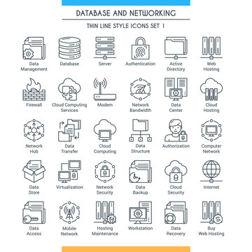 Database and networking icons set. Modern icons on theme storage, analysis, organization, synchronization and data transfer. Thin line design icons collection. Vector illustration