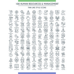 Obraz premium Business management and human resources big icons set. Modern icons on theme business people, analysis, organization, conference and office working. Thin line design icons collection