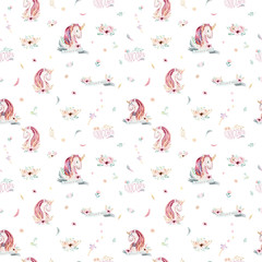 Cute watercolor unicorn seamless pattern with flowers. Nursery magic unicorn patterns. Princess rainbow texture. Trendy pink cartoon pony horse.