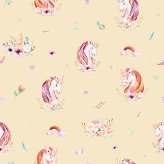 Obraz na płótnie Canvas Cute watercolor unicorn seamless pattern with flowers. Nursery magic unicorn patterns. Princess rainbow texture. Trendy pink cartoon pony horse.