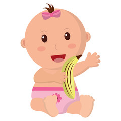 baby girl with diaper and fruit banana vector illustration design