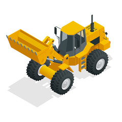 Isometric Vector illustration yellow bulldozer tractor, construction machine, bulldozer isolated on white. Yellow Wheel Loader, Industrial Vehicle. Pneumatic Truck. Manufacturing Equipment © Golden Sikorka