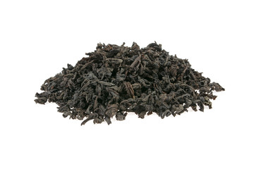 pile of black large-leafed tea on white background
