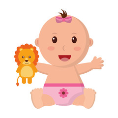 baby girl with diaper and lion teddy in hand vector illustration design