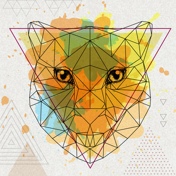 Hipster polygonal animal cheetah on artistic watercolor background