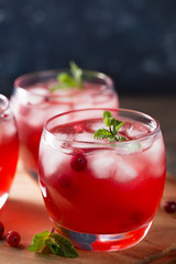 Refreshing summer cranberry beverage with ice cubes and mint.