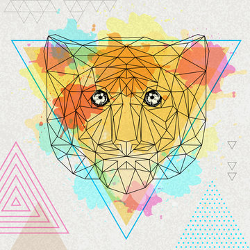 Hipster polygonal animal tiger on artistic watercolor background