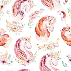 Gordijnen Schattig aquarel unicorn naadloze patroon met bloemen. Kwekerij magische eenhoorn patronen. Prinses regenboog textuur. Trendy roze cartoon pony paard. © kris_art