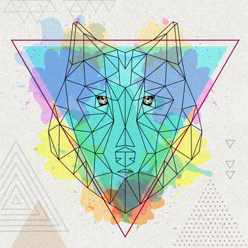Hipster polygonal animal wolf on artistic watercolor background