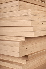 Closeup photo of wooden details for door industrial factory