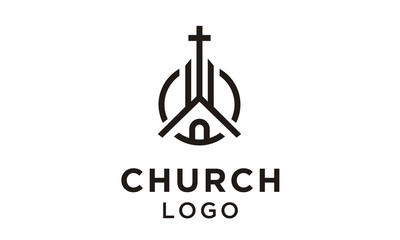 Church Building with Catholic Christian Cross symbol logo