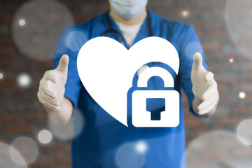 Doctor offers heart with padlock icon on a virtual interface. Secure Health. Security Healthcare. Safety Medical Patient Healthy Hospital concept.
