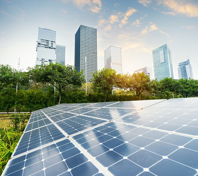 Solar Panels In The Park Of Modern City