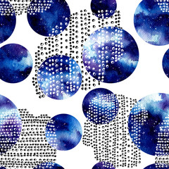 Seamless Pattern of Watercolor Blue Nebula in Circles