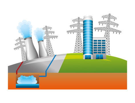 nuclear energy chimney with buildings and towers vector illustration design
