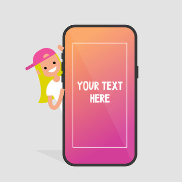 Female millennial character peeping out from behind the mobile phone. Your text here. Template. Smart phone screen. Flat editable vector illustration, clip art