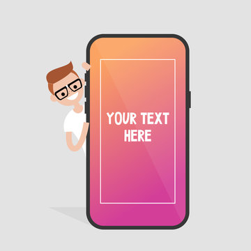 Millennial character peeping out from behind the mobile phone. Your text here. Template. Smart phone screen. Flat editable vector illustration, clip art