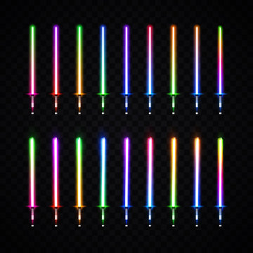 Neon light gradient swords set. Luminous weapon elements for cosmic war game design. Collection of colorful glowing sabers isolated on transparent background. Futuristic vector illustration. EPS 10