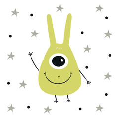 Funny nursery poster with cute monster. Vector illustration in scandinavian style