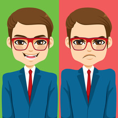 Businessman on different background color and happy angry expression
