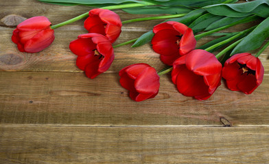Naklejka na ściany i meble A bouquet of red fresh tulips on a wooden table. Spring and celebration concept background. Space for text.