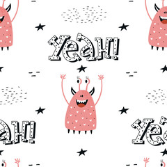 Yeah - Funny monsters seamless pattern with lettering. Color kids vector illustration in scandinavian style