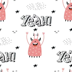 Tapeten Ja - nahtloses Muster der lustigen Monster mit Schriftzug. Farbige Kindervektorillustration im skandinavischen Stil © Oksana Stepova