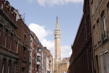 Fototapeta na wymiar Beffroi de Hôtel de ville vue depuis une rue à Lille, Nord 